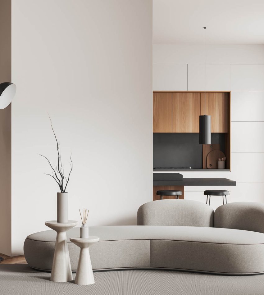 White living room and kitchen interior