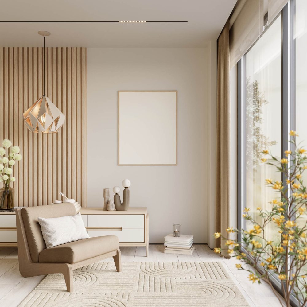 Home interior with sideboard and decor on white wall background.