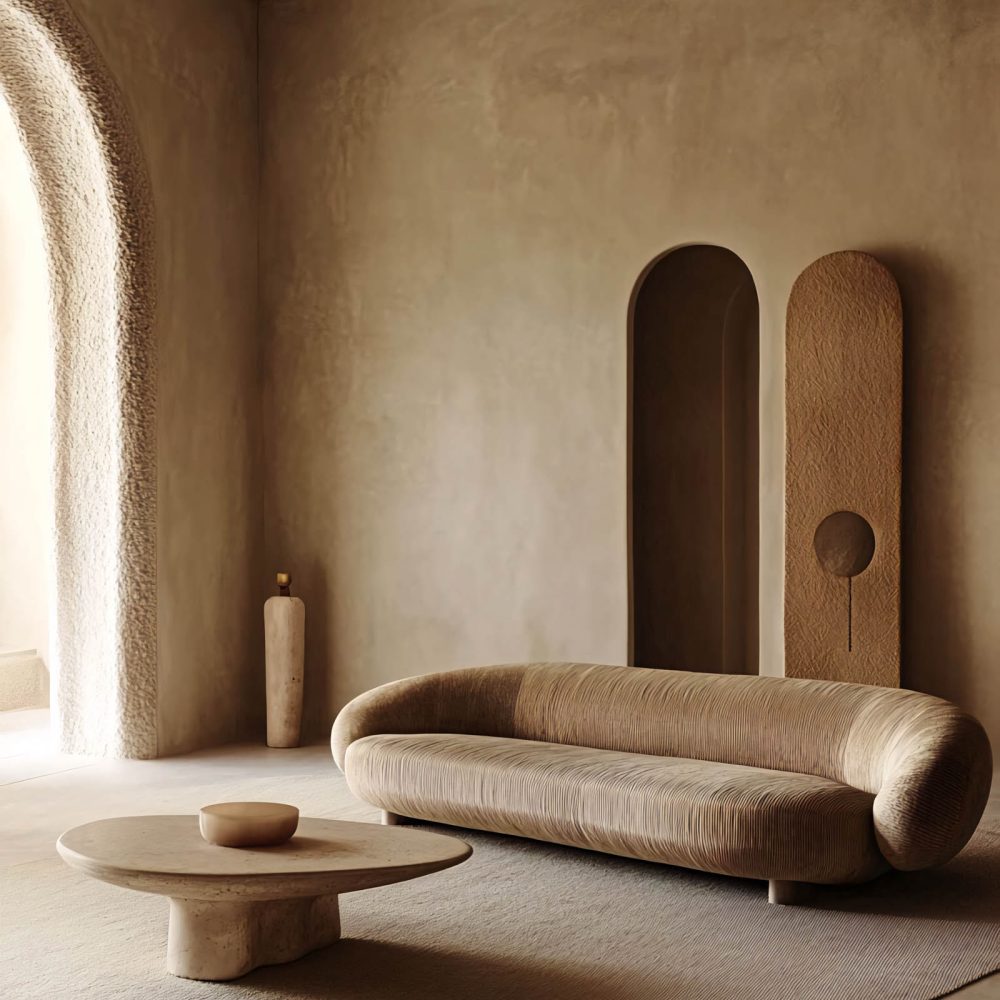 Modern minimalist living room interior with beige sofa, curved coffee table and arched doorways.