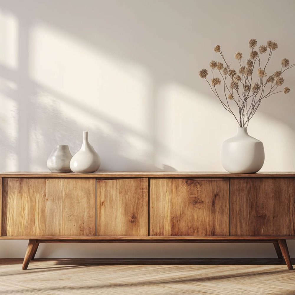 Minimalist interior with a warm wooden sideboard and delicate fl