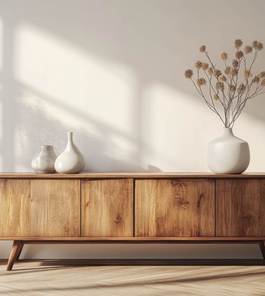 Minimalist interior with a warm wooden sideboard and delicate fl