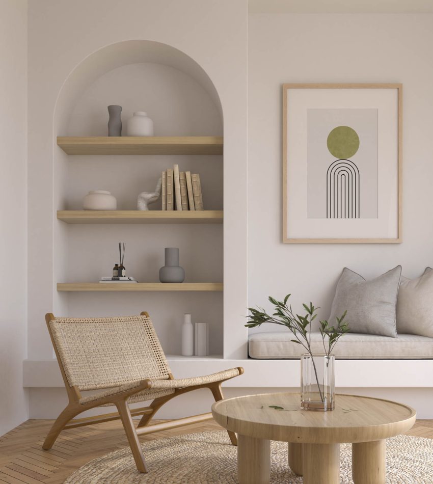 Japandi style conceptual interior room 3d illustration